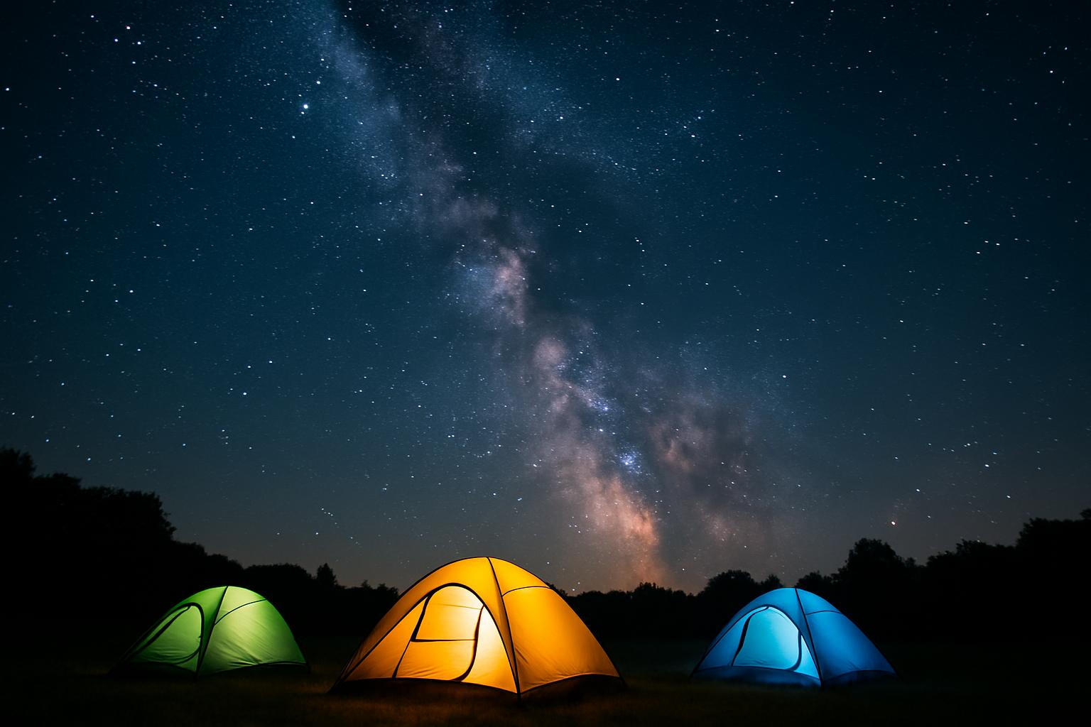 Barracas de camping sob o céu noturno